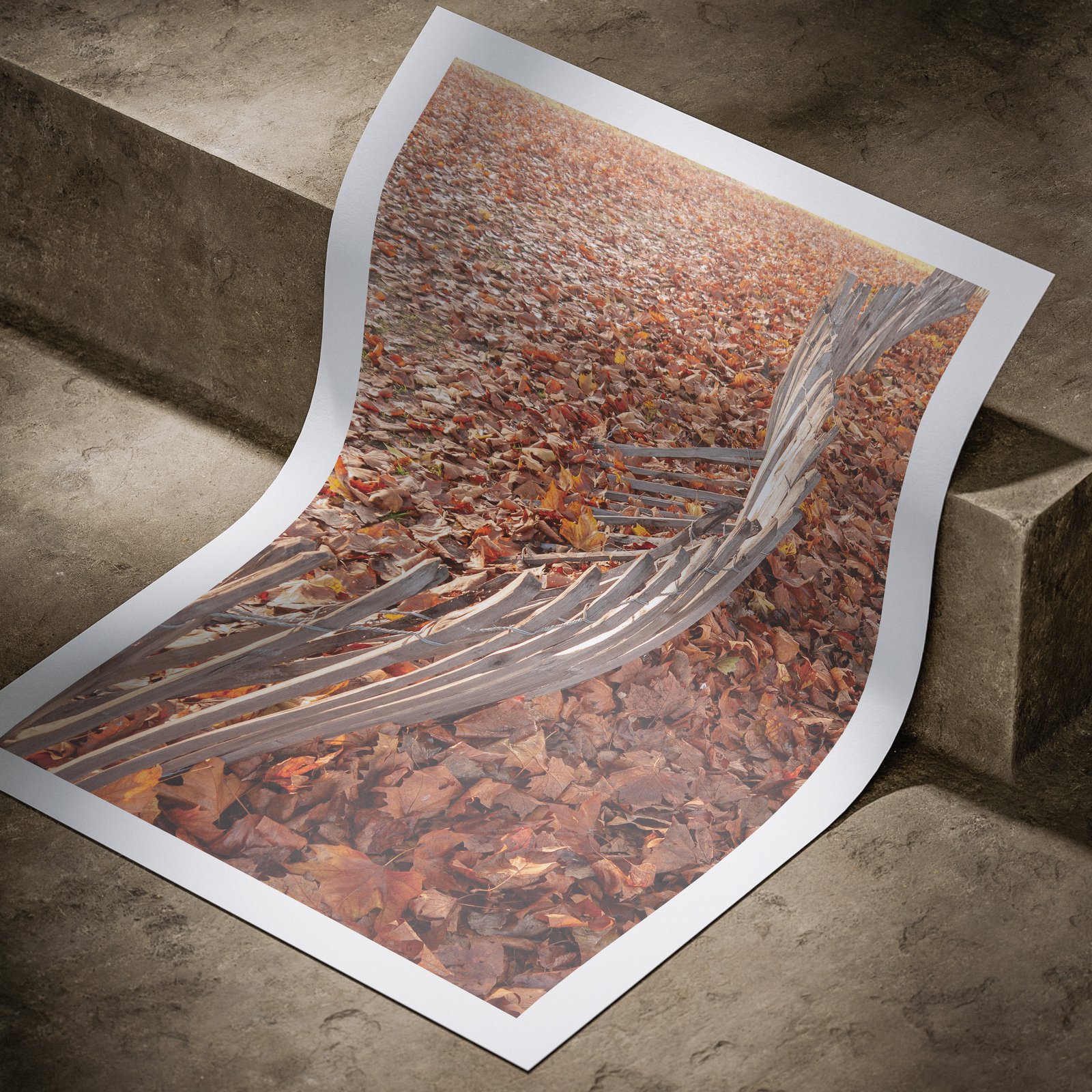 Horizontal aerial photograph of a sinuous water channel winding through terracotta-colored landscape printed on white paper, displayed in a curved, rolled perspective on a concrete surface with dramatic angled lighting highlighting the print edges and terrain texture.