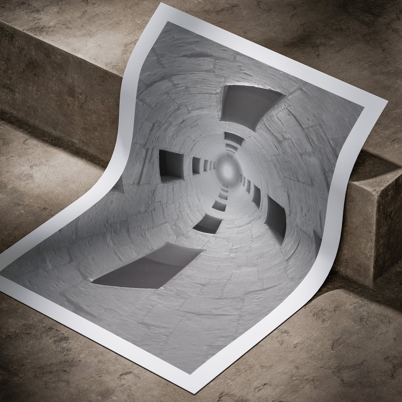 Vertical monochromatic architectural photograph of a circular brutalist interior with geometric apertures and concentric architectural detail printed on white paper, displayed in a curved, rolled perspective on a concrete surface with dramatic angled lighting highlighting the print edges and geometric depth.