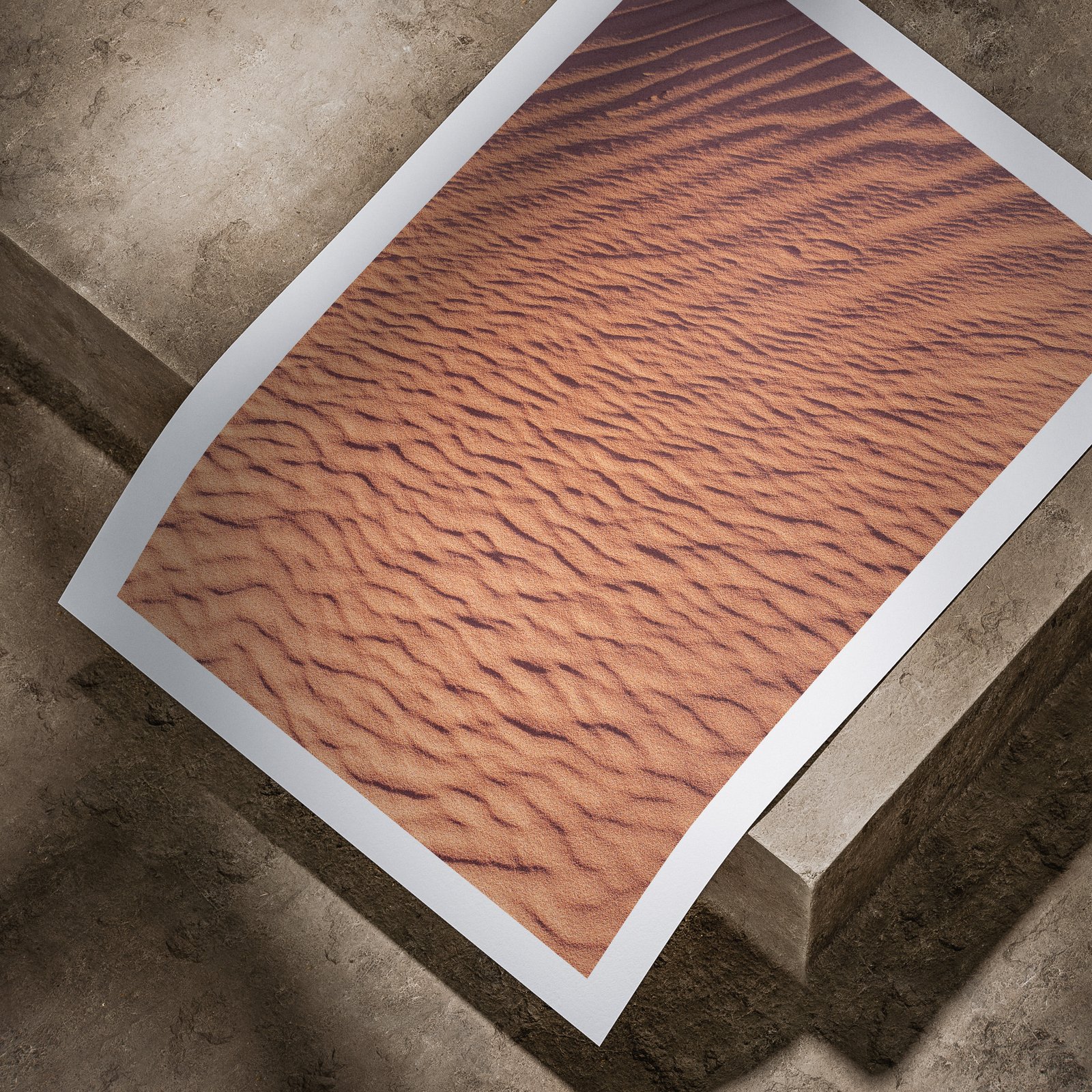 Abstract close-up photograph of rippled sand dune with linear wave patterns printed on white paper, displayed in a curved, rolled perspective on a concrete surface with dramatic angled lighting highlighting the textural details and print edges.