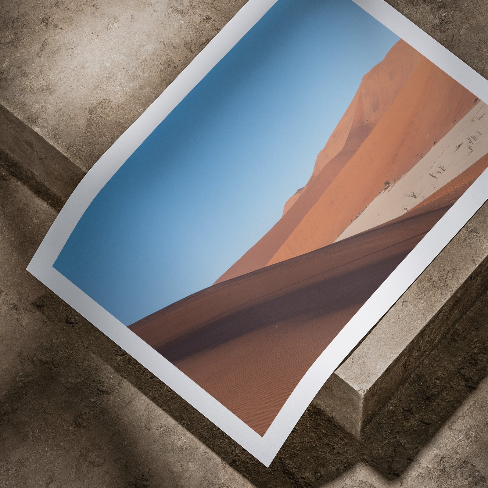 Horizontal landscape photograph of a Namibian sand dune with clear blue sky and terracotta slopes printed on white paper, displayed in a curved, rolled perspective on a concrete surface with dramatic angled lighting highlighting the print edges.