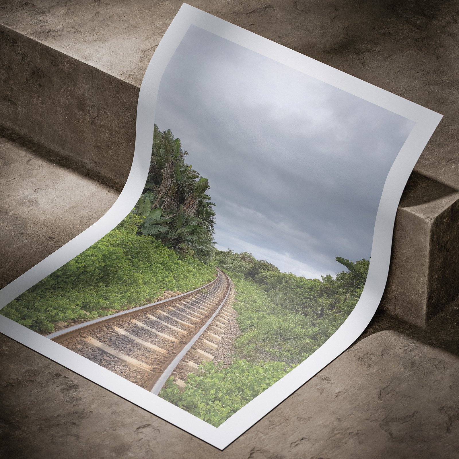 Vertical perspective landscape photograph of railroad tracks disappearing through verdant vegetation and cloudy sky printed on white paper, displayed in a curved, rolled perspective on a concrete surface with dramatic angled lighting highlighting the print edges and linear composition.