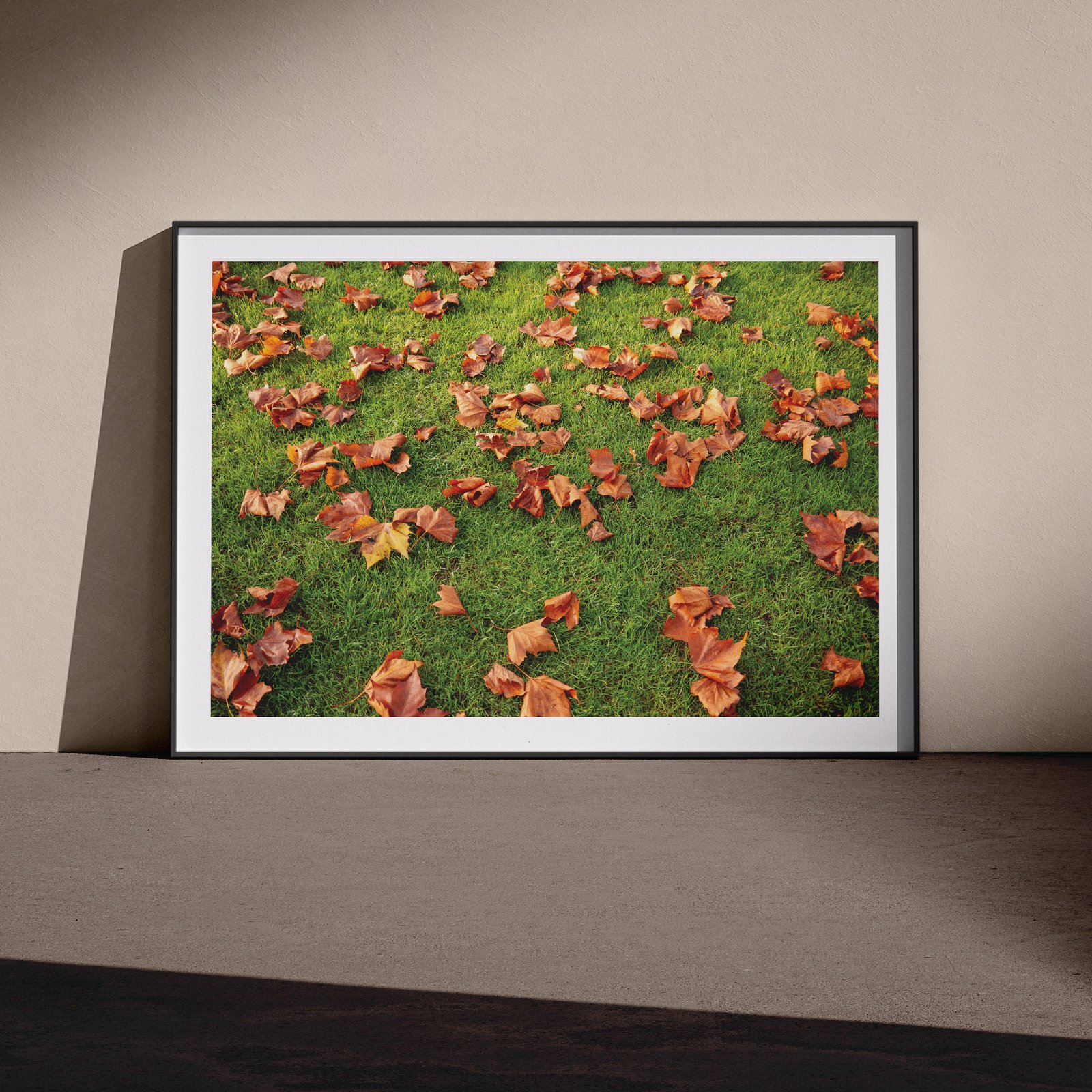 Horizontal aerial landscape photograph of orange and red wildflowers scattered across green meadow in a black frame with white mat, leaning against a pale wall in a gallery-style floor presentation with soft studio lighting creating subtle shadows.